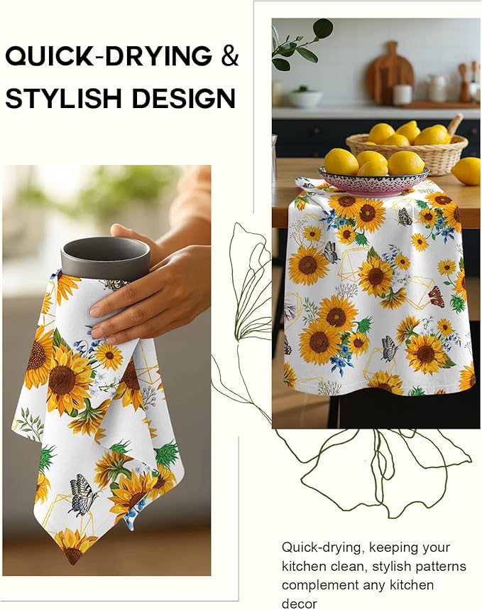 Miss Adola Flour Sack Kitchen Towels - Set of 2 Spring Dish Towels with Hanging Loop 18x26 Inch Absorbent Reusable Cotton Cloths for Cleaning Cute Design Home Decorative Housewarming, Sunflower