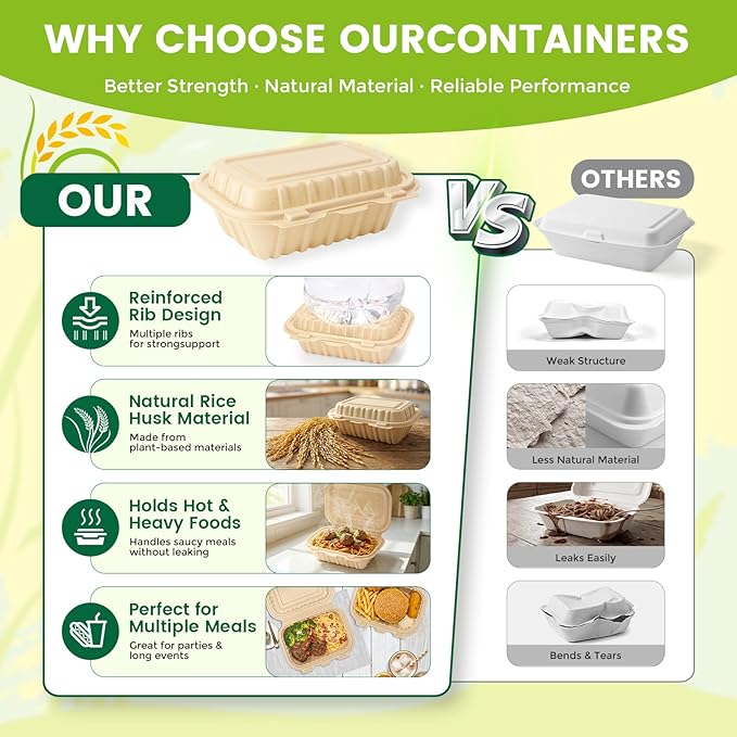 Clamshell Food Containers with Lids, 50 Pack-26oz Take Out Boxes Disposable Meal Prep Containers Natural Rice Husk Material Durable To Go Containers for Pasta Salad Sandwich Microwave Freezer Safe