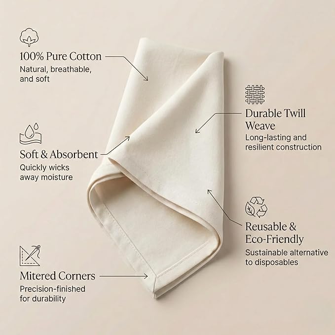 Accent Home 100% Cotton Napkins, Delicate Cloth Napkins for Dinners, Parties and Weddings，18 x 18 Inch Set of 6 - Ivory