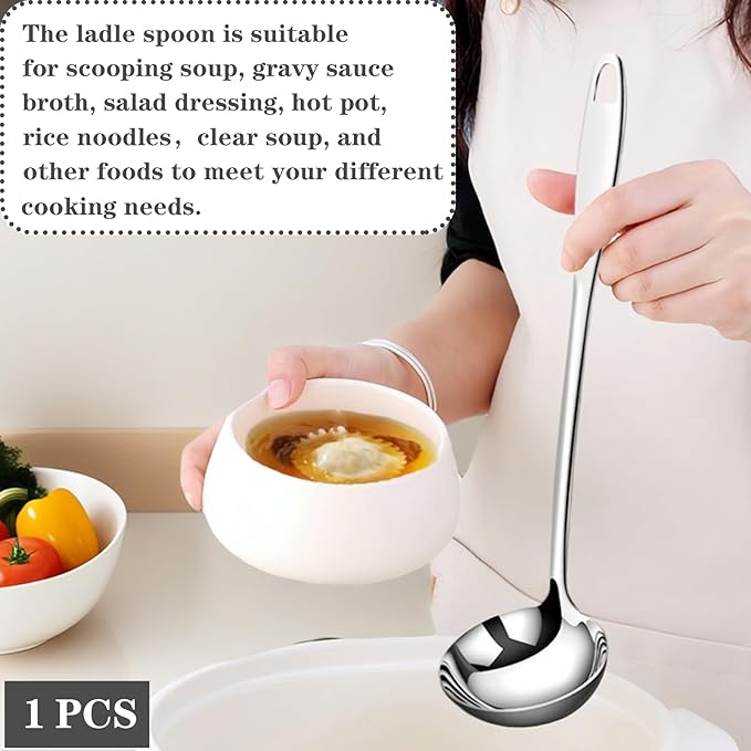 Soup Ladle 304 Stainless Steel Ladle spoon, 12.2Inch Long Handle Soup Spoons Serving Spoon for Cooking Buffet, Party, Kitchen, Silver
