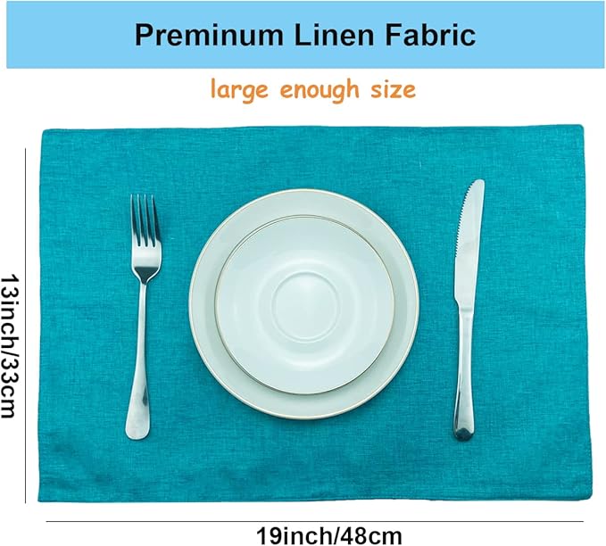 Weabetfu Cloth Placemats Set of 6 Heat Resistant Dining Table Placemmats Cotton Linen Machine Washable Kitchen Table Mats Wrinkle Free Thick Fabric Place Mat,Easy to Clean,13"x19" Teal