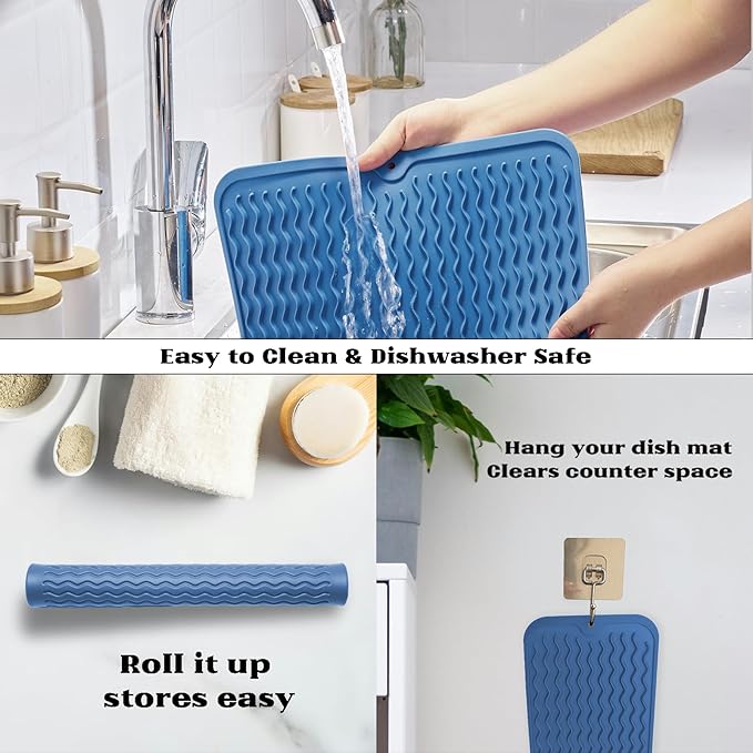 ZLR Silicone Dish Drying Mat & Heat Resistant Trivet (12" x 16") - Waterproof Counter Protector for Air Fryer, Coffee Maker - Non-Slip, BPA Free Kitchen Pad, Easy Clean Dishwasher Safe (Lichen Blue)