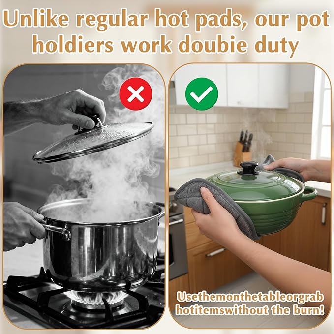 4 Pcs Kitchen Hot Pads Pot Holders Dining Essentials Decor Accessories Terry Cloth Potholders Sets with Hanging Loops for Oven Cooking Baking Pans Heat Resistant, Grey