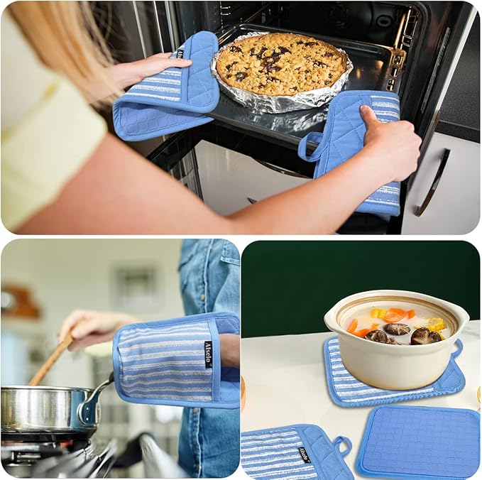 Alselo Silicone Pot Holders Set of 3 Heat Resistant & Non Slip Potholders, Professional Oven Hot Pads with Pockets Mitts for Kitchen Cooking Baking Barbecue (3, Blue)