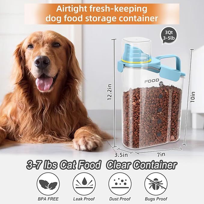 LEAWALK Airtight Small Cat Dog Pet Food Storage Containers BPA Free, with Large Pour Spout/1 Measuring Cup/ 4 Safety Locks and Double-layer Silicone Strip (Blue X 2, 3L-2pack)