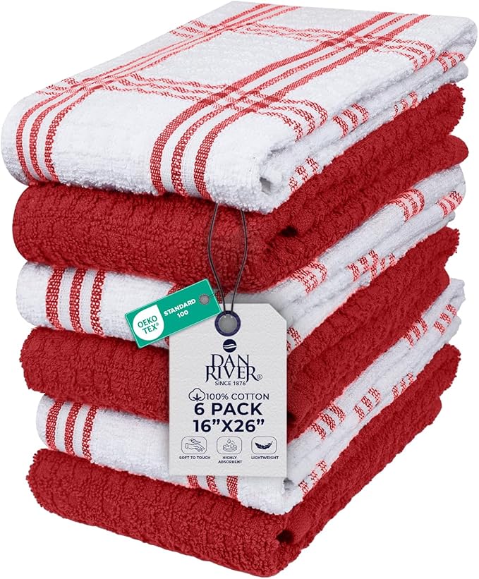DAN RIVER Premium Kitchen Towels - [Pack of 6] 100% Cotton (16x 26 Inches) -Super Soft,Highly Absorbent, Quick Dry, Dish Towels for Kitchen Towels - Red