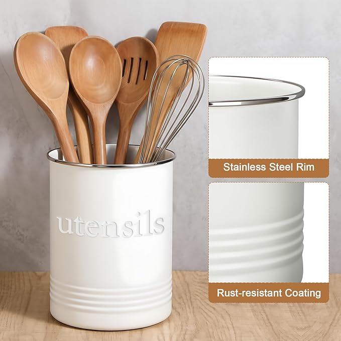 FoldTier 2 Pack Kitchen Utensil Holder for Counter 6.7"+4.7" Farmhouse Cooking Utensil Crock with Cork Bottom Modern Farmhouse Decors Countertop Storage Organizer Caddy Housewarming Gift (White)