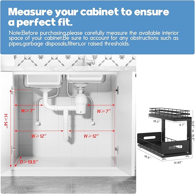 Under Sink Organizer Upgrade To Professional Rails,2-Tier Dual Pull Out Cabinet Storage,Height Adjustable Slide Out Drawers For Bathroom Kitchen,2 Pack-18.5"Dx12.8"-16.9"H,Black