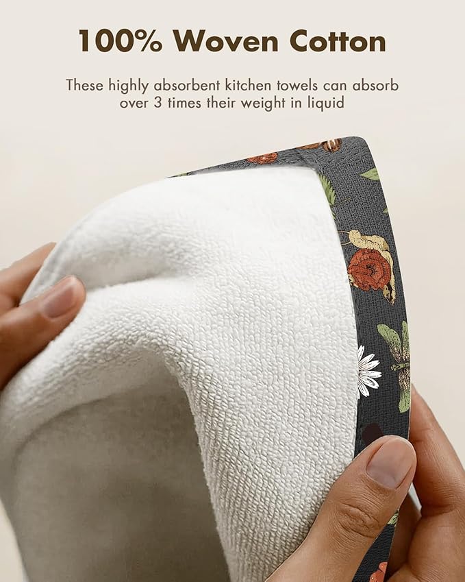 Miss Adola Cotton Kitchen Towels Set of 2 - Cute Design 16×26 Inch Dish Towels for Kitchen with Hanging Loop Mushroom Quick Dry Hand Towels Soft & Absorbent, Home Decorative, Terry Cloth Tea Towels