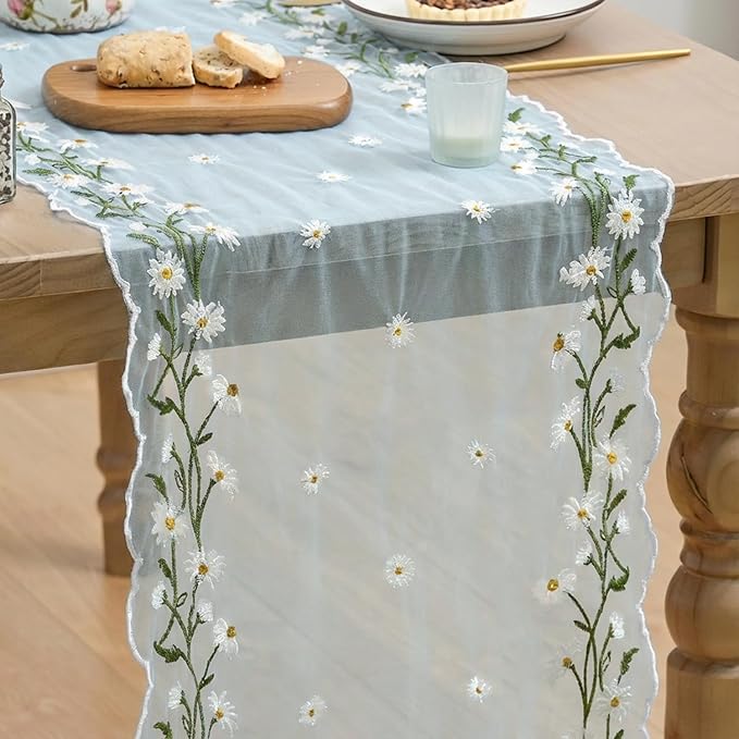Artoid Mode Daisy Floral Sky Blue Shaped Gauze Embroidery Table Runner 120 Inch 10FT, Tulle Spring Summer Kitchen Dining Table Decor for Home Party