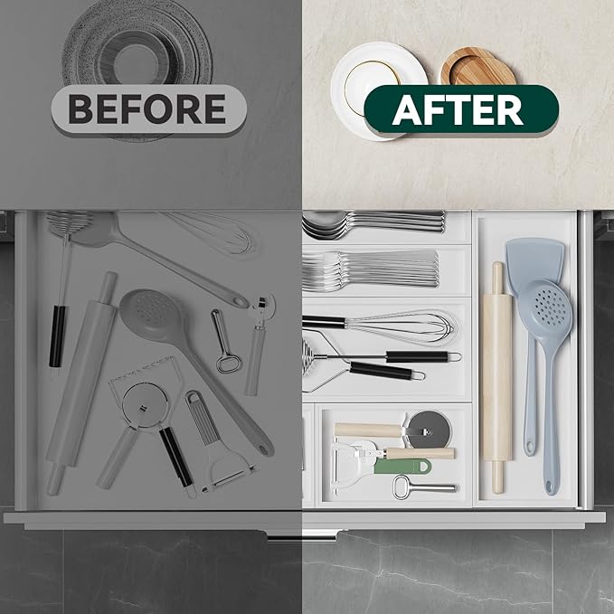 Lixple Bamboo Drawer Organizer, Extra Large Silverware Organizer for Kitchen Drawer, Stackable Utensil Organizer, 2 Pcs Toilet Tank Topper Tray, Wooden Toilet Paper Basket (White, 17 X 6 X 2 Inch)
