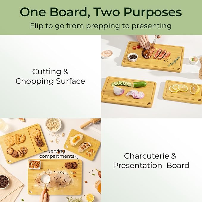 Keechee Wood Cutting Board for Kitchen - Reversible Bamboo Cutting Boards Gift Set of 3 with Juice Groove, Wooden Chopping Board for Meat, Fruit, Vegetables & Cheese (Pre Oiled, Natural)