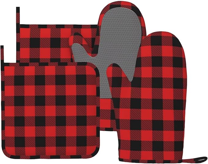 Buffalo Plaid Black and Red Oven Mitts and Pot Holders Set, 4pcs Black Red Plaid Silicone Oven Glove for Kitchen Heat Resistant Oven Mitts and Potholders Non-Slip for Cooking