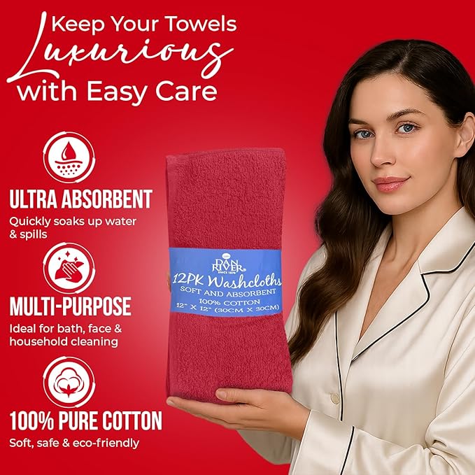 DAN RIVER 12 Pack Wash Cloths for Showering [12x12] - 100% Cotton Washcloths Premium Quality Flannel Face Cloths for Bathroom, Highly Absorbent and Soft Feel Wash Clothes, Red