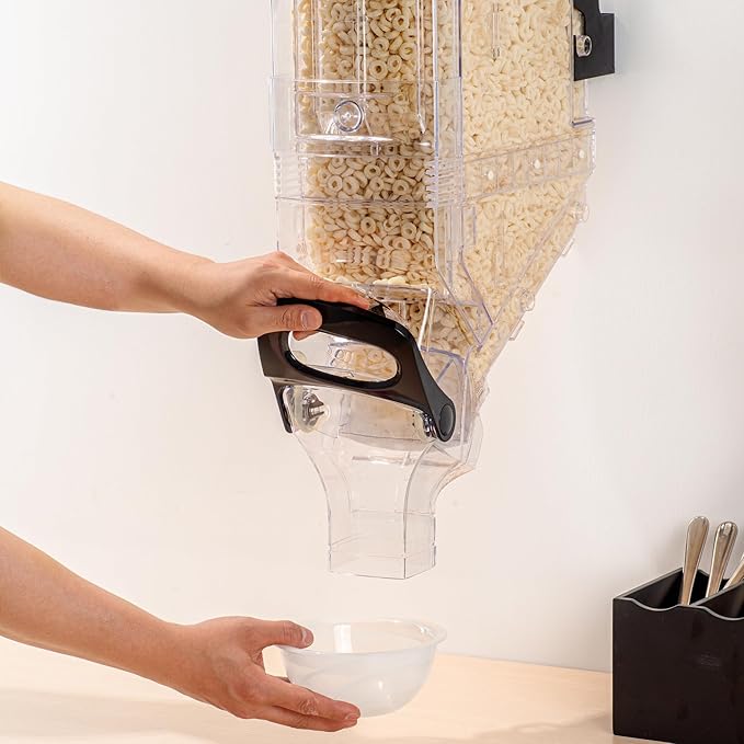 Restaurantware Cereal Dispenser 5 gal Plastic Wall-Mounted Gravity Bin Candy Dispenser Self-Serve Black Dry Food with Wall Mount Brackets for Breakfast Buffet or Hotel Use