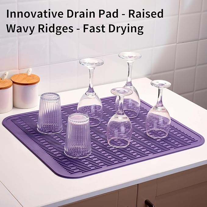 ZLR Large Silicone Dish Drying Mat (16" x 18") - XL Heavy Duty Drainboard Mat for Pots, Pans & Family Loads - Heat Resistant Trivet & Counter Protector, Easy Clean (Meadow Violet)