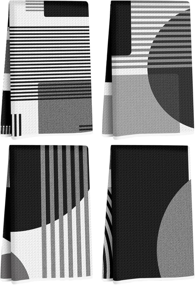 4 Pcs Abstract Black and White Kitchen Towels, Abstract Decor Tea Hand Towel, Microfiber Dish Cloths for Drying Dishes, Waffle Dish Towels for Kitchen Bathroom, Housewarming Gifts for Women