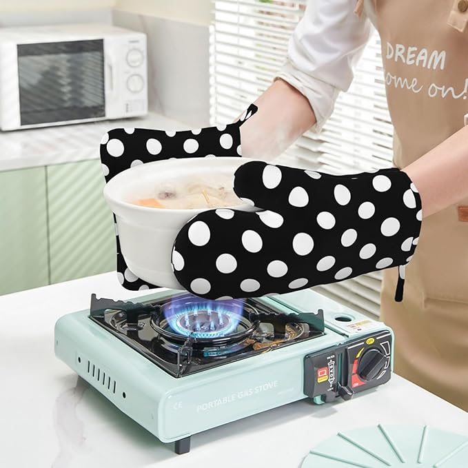 Black White Retro Polka Dot Oven Mitts and Pot Holders Sets of 4, Heat Resistant Silicone Oven Mittens and Potholders Gloves Hot Pads for Kitchen Cooking Baking Grilling BBQ Chef