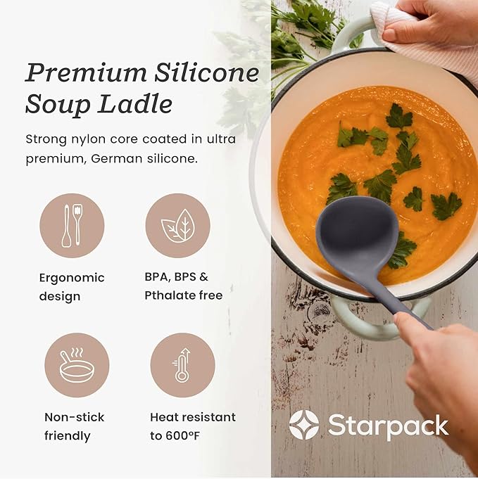 Starpack 'Ladle of Love' Premium Silicone Soup Ladle - High Heat Resistant to 600F - Non-Stick, LFGB Grade