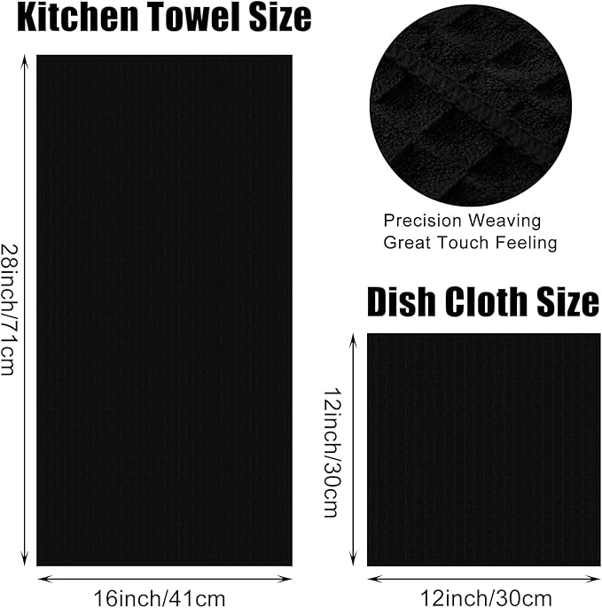 Homaxy Microfiber Waffle Weave Kitchen Towels Set, 16 x 28 Inch and 12 x 12 Inch Ultra Absorbent and Solid Color Dish Towels, 12 Pack, Black