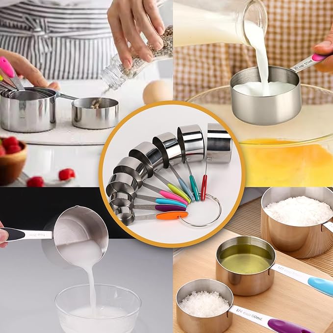 Stainless steel measuring cup set, consisting of 8 cups, suitable for cooking and baking.
