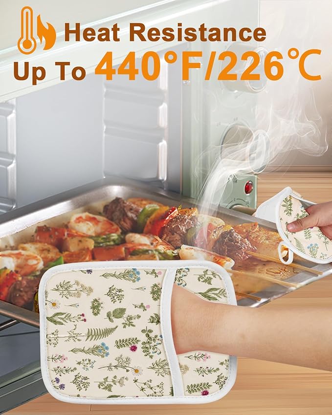 Swooflia 100% Cotton Pot Holders 2 Pack Set for Kitchen with Pockets - Cute 440°F Heat Resistant Oven Hot Pads Heavy Duty for Countertop Home Cooking Baking Microwave BBQ Retro Flower