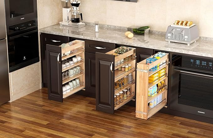 4 Tier Pull Out Spice Rack Holder Shelves (6.5" W x 22" D), spice organization for cabinet Storage Organization, pull out spice racks for inside cabinets
