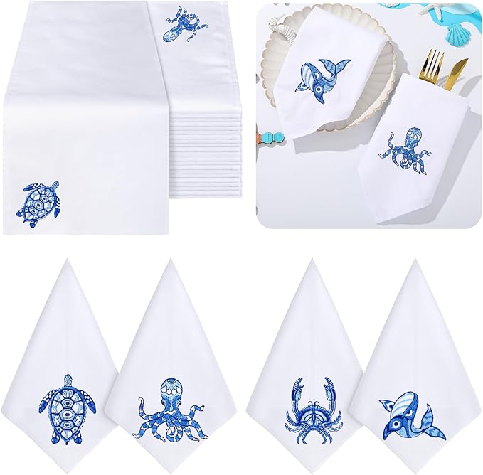 HunnmingRe 12 Pcs Nautical Cloth Napkins Bulks 100% Cotton Summer Blue Fabric Cocktail Napkins Tortoise Crab Octopus Whale Embroidered Handtowel Reusable Washable for Kitchen Weddings 17x17inch