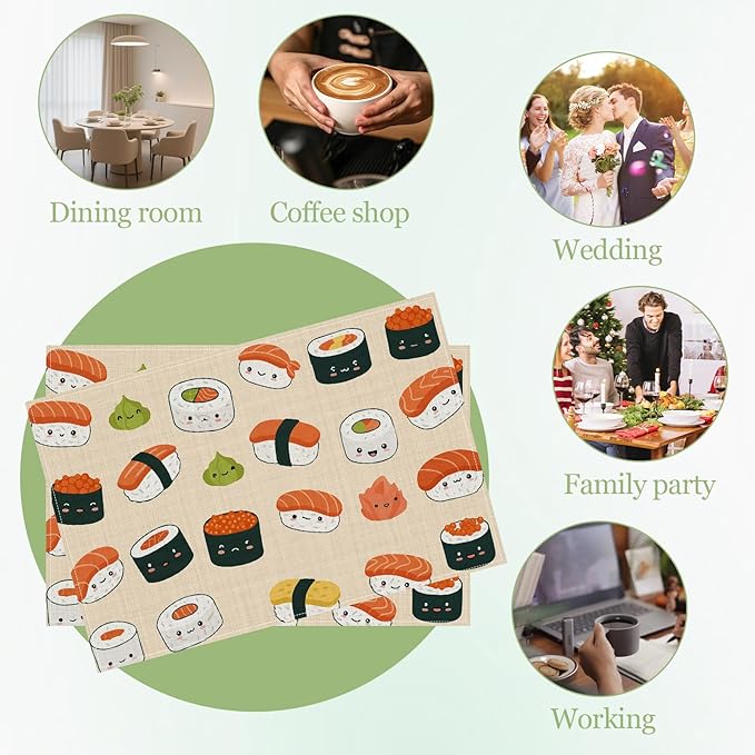 Cute Japanese Sushi Placemats Set of 6, Washable Heat Resistant Table Mat Linen Place Mats for Party Kitchen Dining Home Decor 12x18 Inch