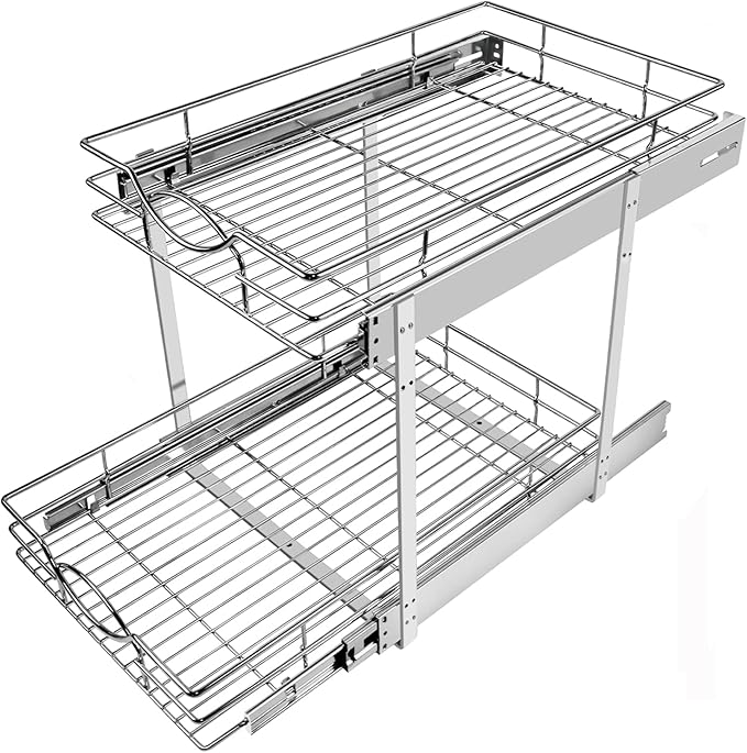 Sikarou Pull Out Cabinet Organizer 11" W x 21" D 2-Tier Individual Slide Out Drawer Pantry Shelf Storage for Kitchen Base Cabinet Organization for Kitchen, Bathroom, Pantry, Chrome