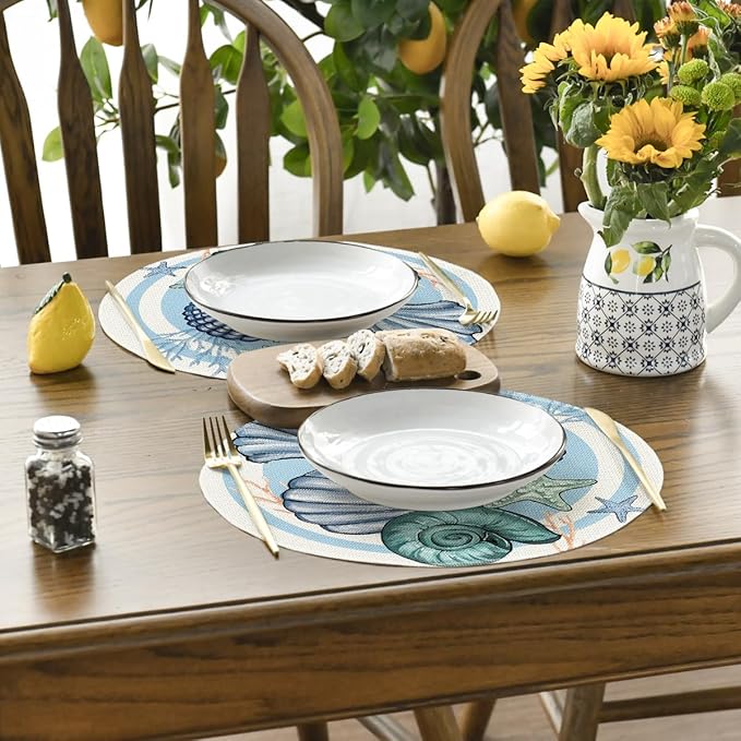 Artoid Mode Sea Shell Starfish Round Summer Placemats Set of 4, 14 Inch Spring Round Table Mats for Dining Decoration