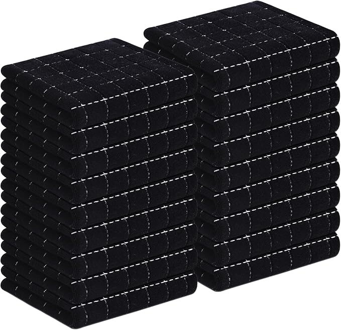 Homaxy 100% Cotton Terry Kitchen Towels(Black, 13 x 28 inches), Checkered Designed, Soft and Super Absorbent Dish Towels, 18 Pack