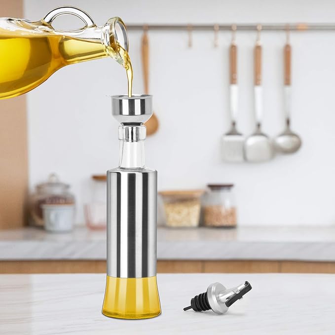 onlyfire Olive Oil and Vinegar Dispenser Set - 2Pack, 12 Oz Stainless Steel Oil Bottles Dispenser for Kitchen Cooking and BBQ (2PCS Funnel included)