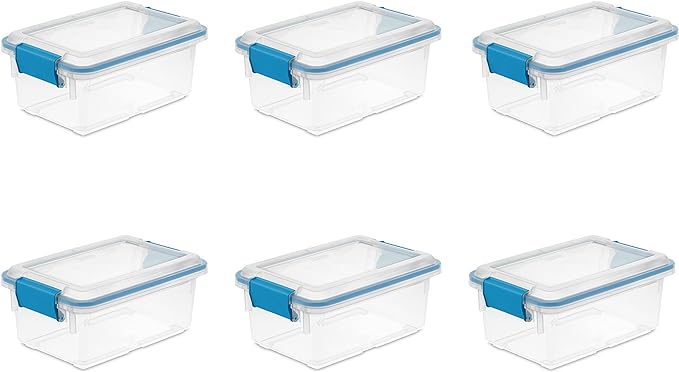 Sterilite 7.5 Qt Gasket Box, Stackable Storage Bin with Latching Lid and Tight Seal, Plastic Container to Organize Basement, Clear Base, Lid, 6-Pack