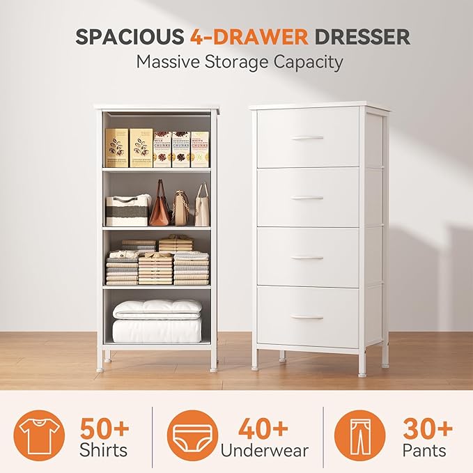 Sweetcrispy 4 Fabric Drawer Small Dresser, Bedside Nightstand with Wooden Top Sturdy Frame, Entryway Closet Bedroom Storage Cabinet Furniture for Dorm,White