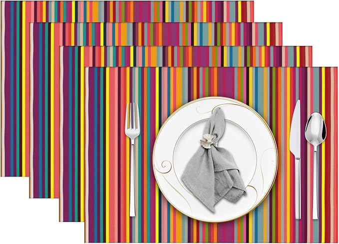 Niviy Bright Colorful Striped Placemats Set of 4, 12x18 Inch Mexican Rainbow Colored Geometric Pattern Table Mats for Holiday Party Kitchen Dining Room Decoration