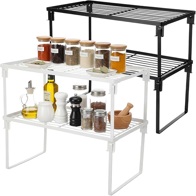 4 Pack Black and White Stackable Metal Kitchen Storage Shelf Foldable Racks, Pantry Shelf Cabinet Organizers, Expandable Storage Rack for Cabinet Fridge Bathroom (Metal)