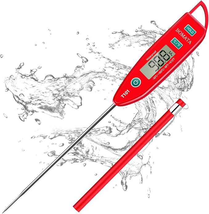 BOMATA Waterproof IPX7 Thermometer for Water, Liquid, Candle and Cooking. Instant Read Food Thermometer with Long Probe for Cooking, Meat, BBQ! T101 (Red Color)………