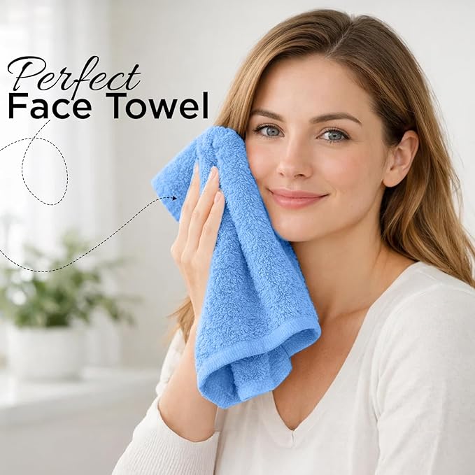 DAN RIVER 12-Pack Premium 100% Cotton Medium Blue Face Towels for Bathroom - Reusable Face Wash Cloths for Showering 12x12 Inches - 550 GSM Super Soft & Absorbent Luxury WashCloths for Body, Spa & Gym