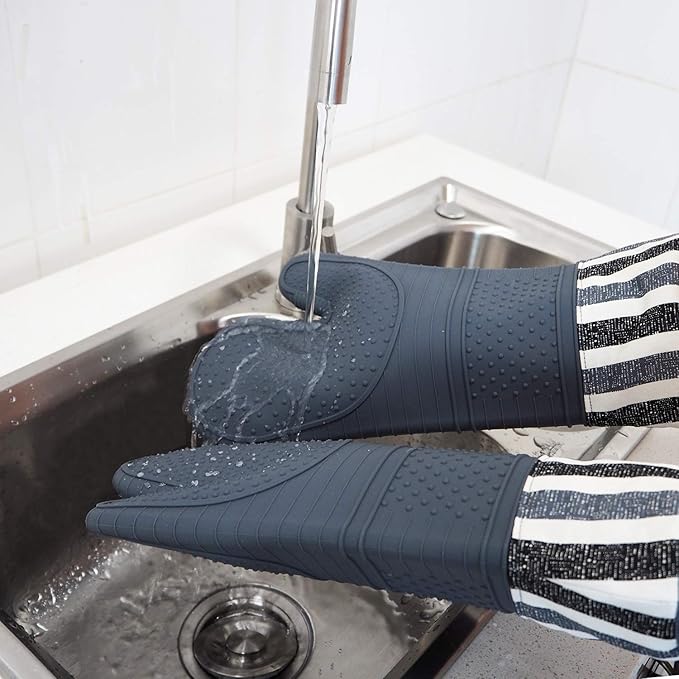 RED LMLDETA Heat Resistant 550 Degree Oven mitt, Silicone Oven Hot Mitts - 1 Pair, Extra Long Professional Baking Oven Gloves - Food Safe,Pot Holders Cooking,Grilling,Kitchen (Grey Mittens)