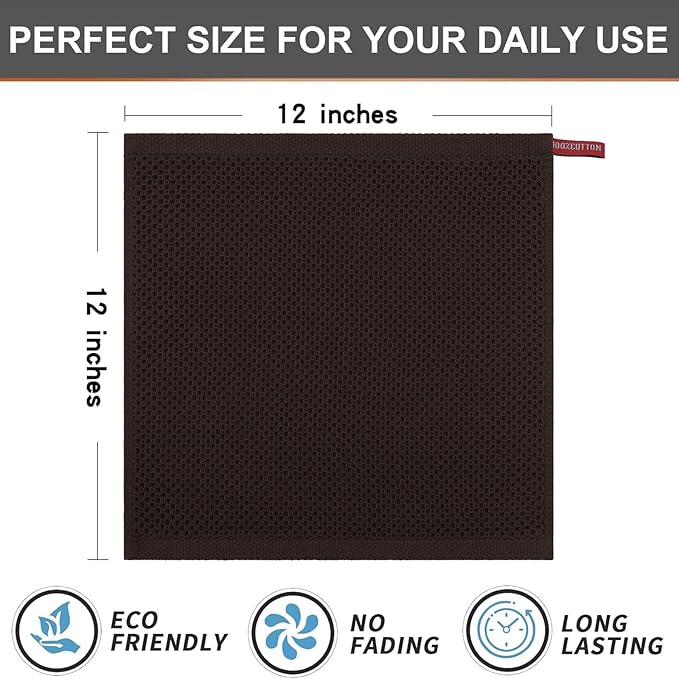 Kitinjoy 100% Cotton Kitchen Dish Cloths (12 X 12 Inches, Dark Brown), 6 Pack Waffle Weave Ultra Soft Absorbent Dish Towels for Drying Dishes Quick Drying Kitchen Towels Dish Rags