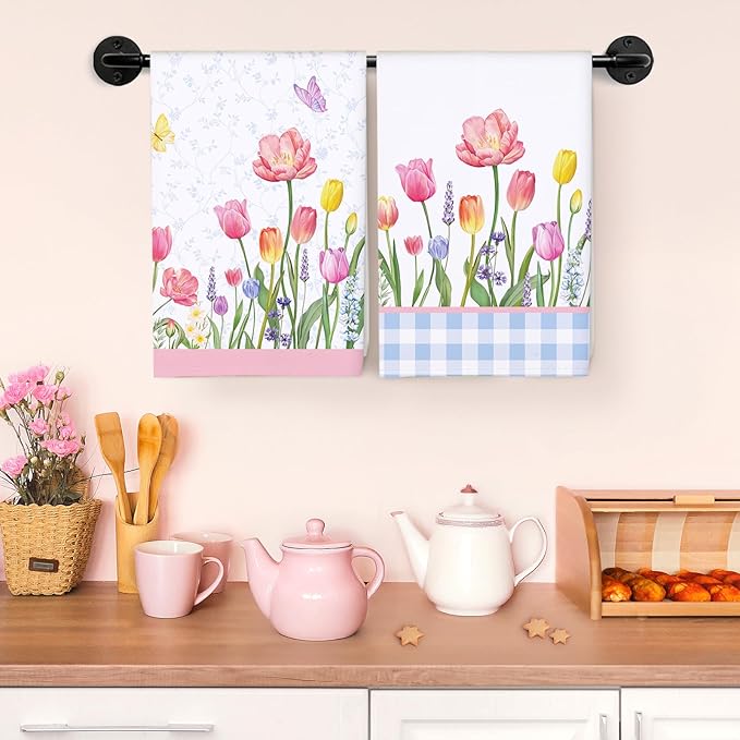 Tulip Spring Floral Tea Towels, Lavender Summer Cotton Kitchen Towel 18.9 × 27.5 inch, Quick Drying Dish Cloth for Party Anniversary Holiday Decoration, Housewarming Gifts for Mom