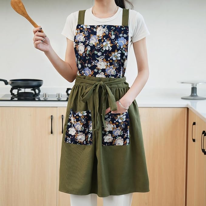 Pinknoke Vintage Pinafore Apron Dress for Women with Pockets Cute Floral Chef Aprons for Kitchen Cooking Baking Gardening