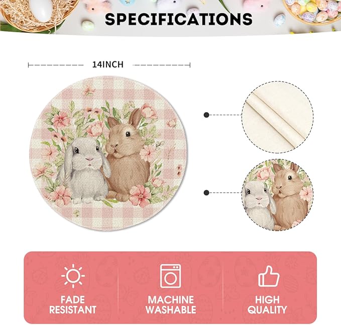 Artoid Mode Easter Round Placemats Set of 4, 14 Inch Buffalo Plaid Bunnys Flowers Spring Round Table Mats for Easter Party Dining Decoration