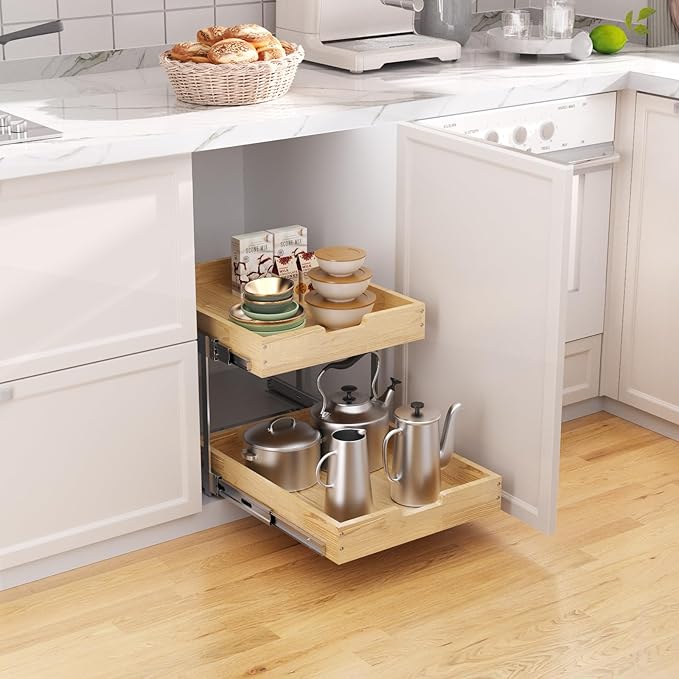 Sikarou Wood Pull Out Cabinet Organizer 2 Tie 14" W x 21" D, Heavy-Duty Sliding Drawers for Inside Cabinets Storage and Organization for Kitchen, Pantry, Bathroom