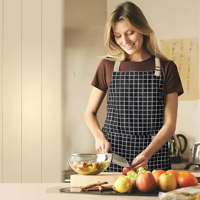 NLUS 2 Pack Kitchen Cooking Aprons, Adjustable Bib Waterproof Chef Apron with 2 Pockets for Men Women(Grey Stripe/Black Plaid)
