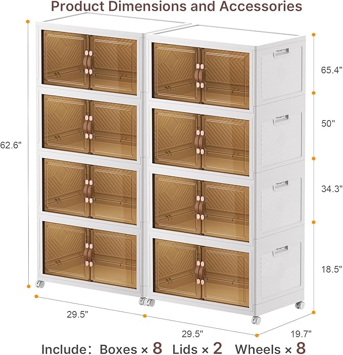 UAMFURI Stackable Storage Bins with Lids, 1440QT Lockable Storage Cabinet, Foldable Storage Box with Doors and Wheels, Plastic Drawers for Home, Garage, Office (8, White, Extra Large)