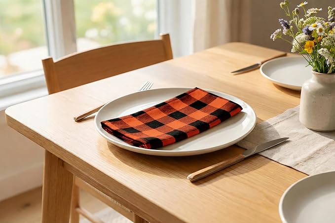 PurpleEssences Buffalo Plaid Cloth Napkins - Mitered Corners - Spring Easter Summer - Gingham Check Dinner Napkin - Set of 12-100% Cotton - 18x18 Inch - Reusable Washable - Orange and Black