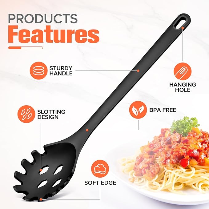 Silicone Spaghetti Spoon&Soup Ladle Cooking Utensils Set of 2,No Scratch for Nonstick Cookware,BPA Free, 450℉ Heat Resistant (BLACK)