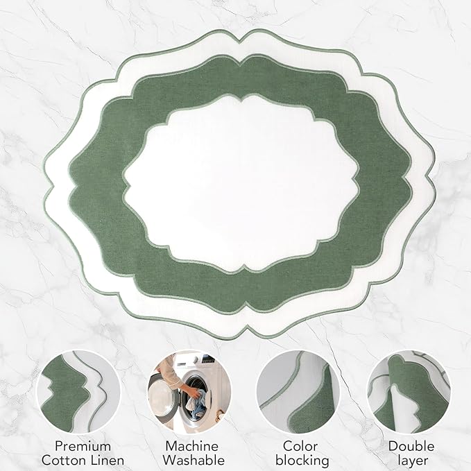 Embroidery Cotton Linen Placemats Set of 4, HADEEONG Table Mats Cloth Placemats, Washable Wrinkle Resistance, Double Layer Scalloped Fabric Placemats, 17.7 x 13.4inch (White with Green, 4)